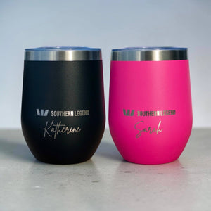 Black and pink engraved tumblers side by side, each with the Southern Legend logo and a staff name, Katherine and Sarah, showing both colour options.
