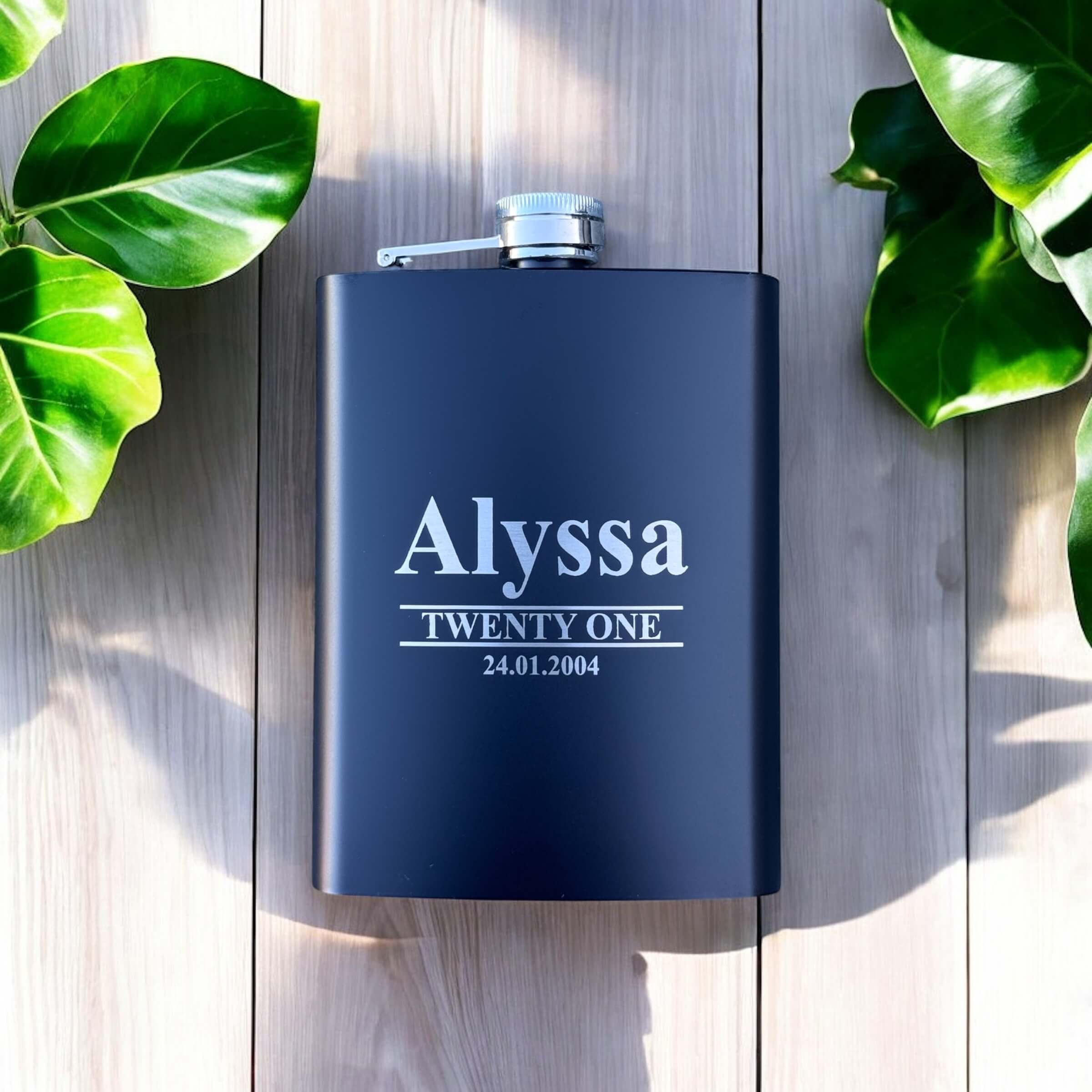 Black engraved 21st birthday hip flask with name and date. Best birthday gift.