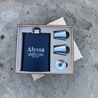 Black engraved birthday hip flask set with name and date in wooden gift box