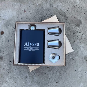 Black engraved birthday hip flask set with name and date in wooden gift box