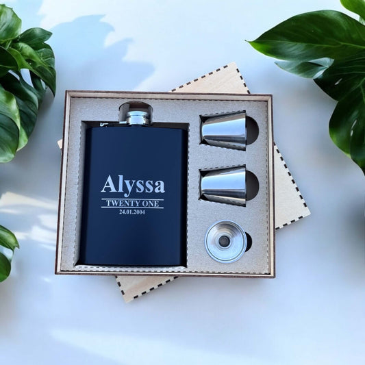 Black engraved birthday hip flask set with name and date in wooden gift box 