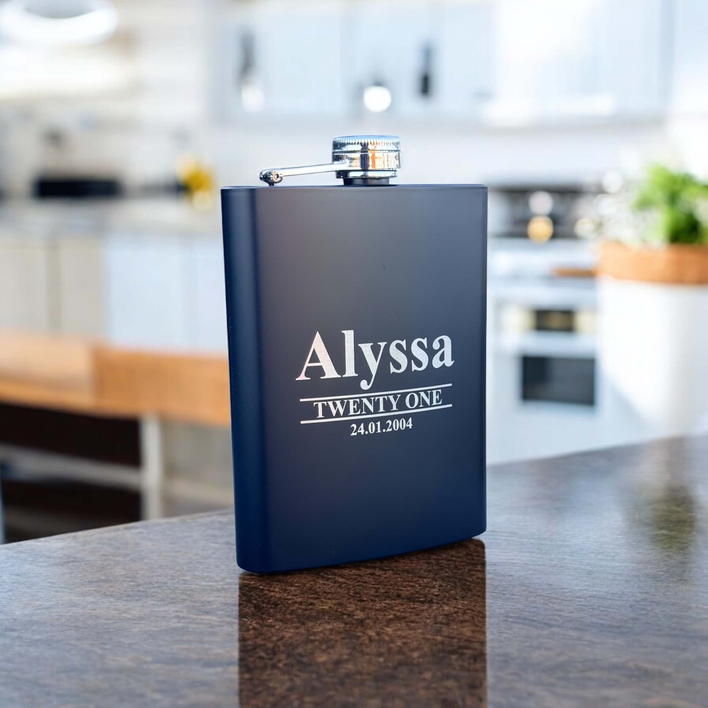 Black engraved birthday hip flask with name and date