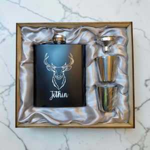 Black engraved hip flask gift set with stag design, Jithin name, funnel and cups in wooden box