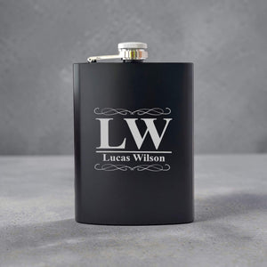 Black flask with 'LW Lucas Wilson' engraving on a gray background