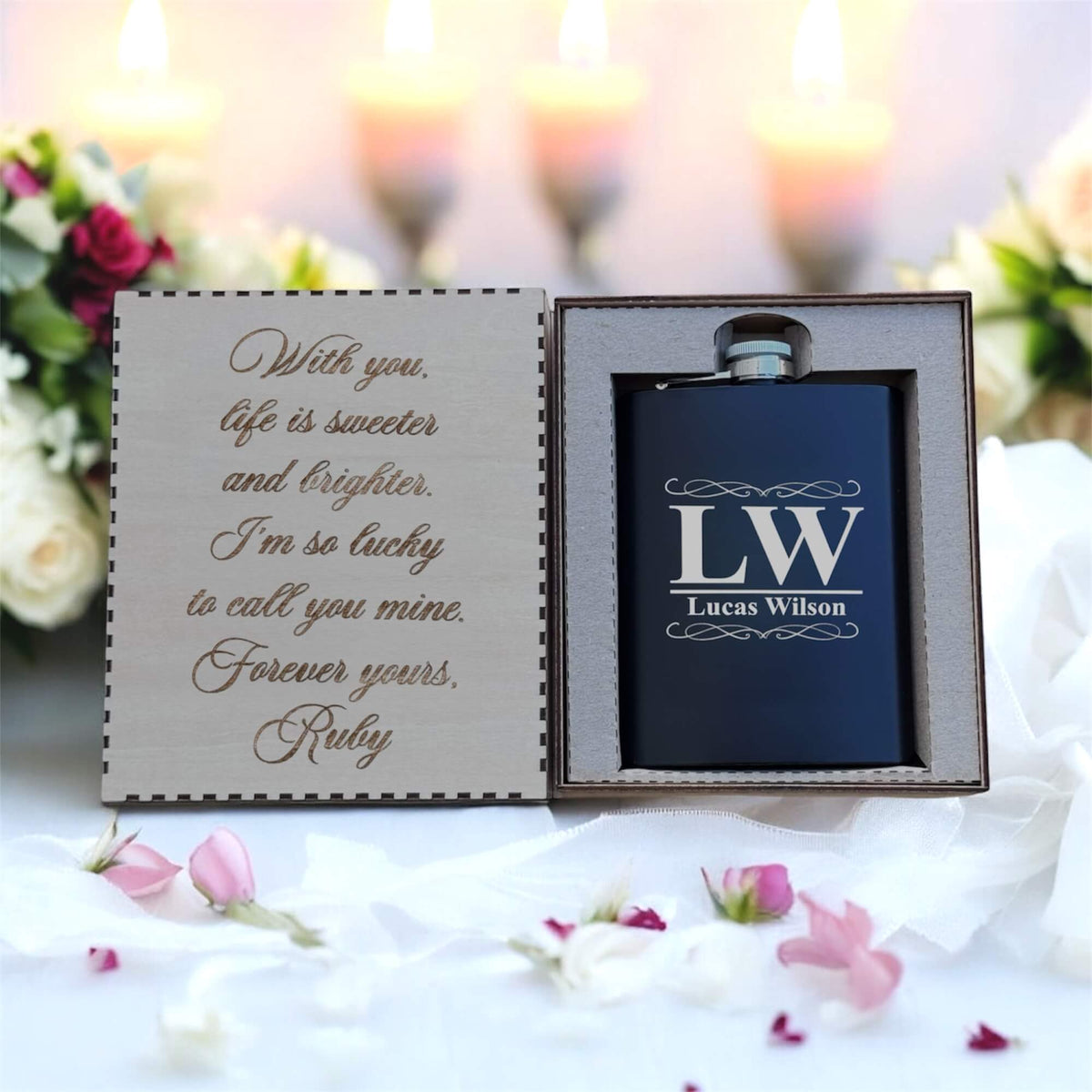 Black hip flask engraved with name and in a wooden gift box that is also engraved