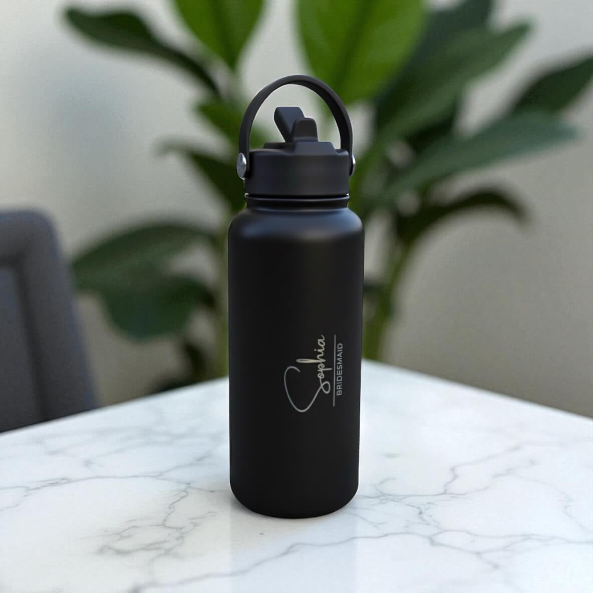 Black stainless steel drink bottle with Sophia and Bridesmaid engraving, personalised wedding gift