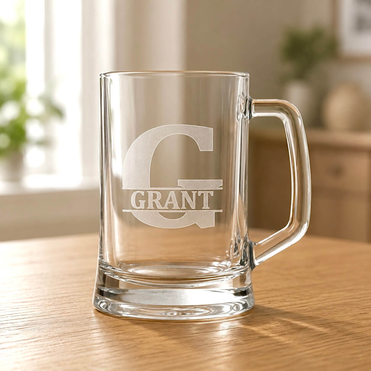 Clear beer mug with engraved Grant name and large G initial on wooden table