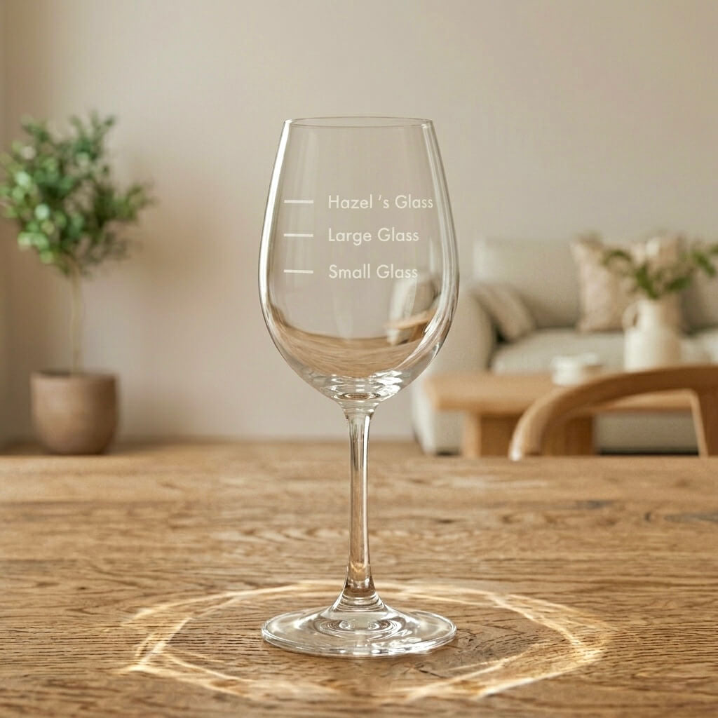 Clear engraved wine glass with playful size lines in a warm lounge setting