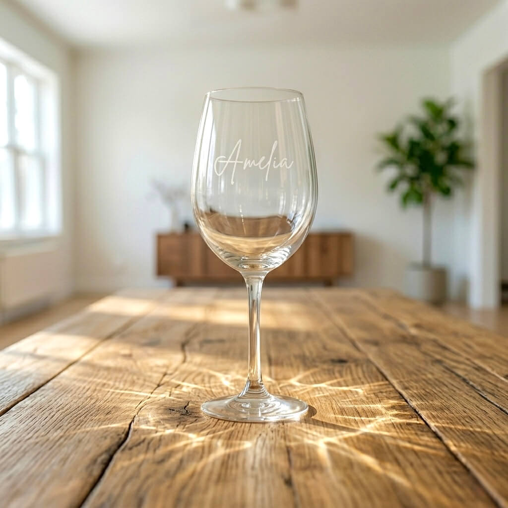 Clear engraved wine glass with script name design in a bright home setting