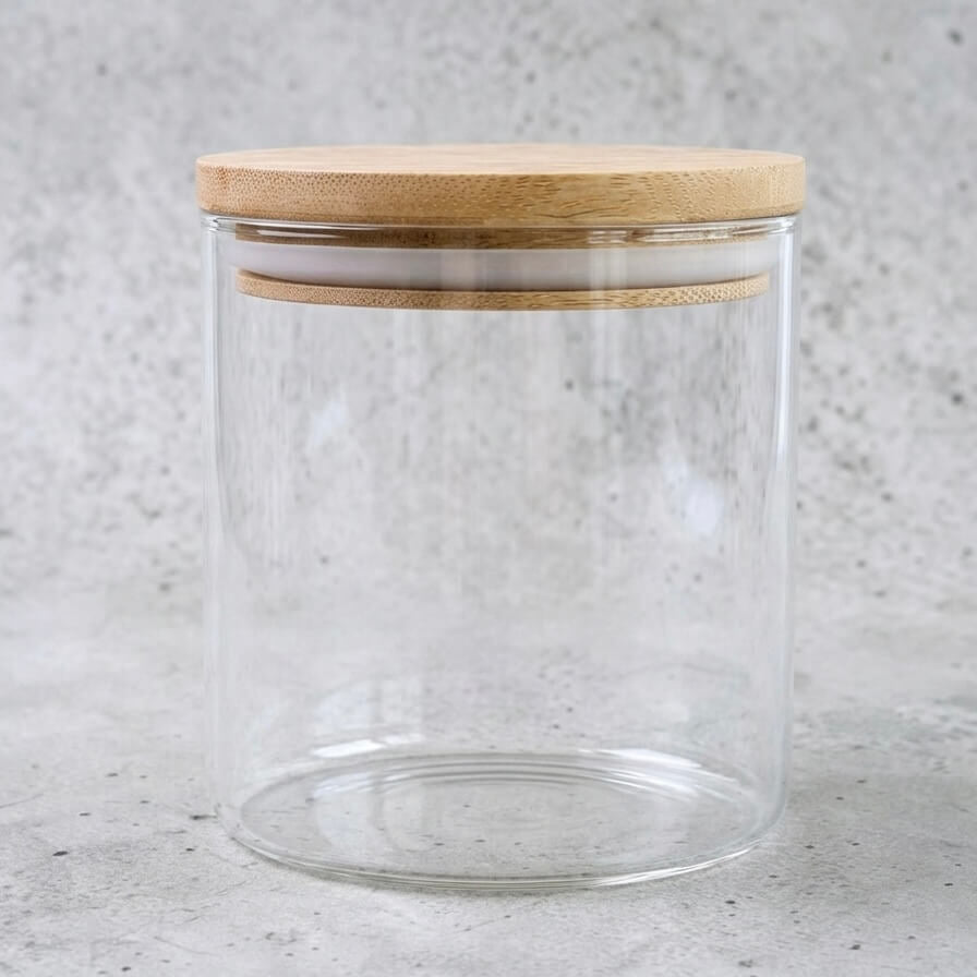 Clear glass jar with plain bamboo lid, personalised Easter treat jar before engraving, candy storage jar with wooden lid