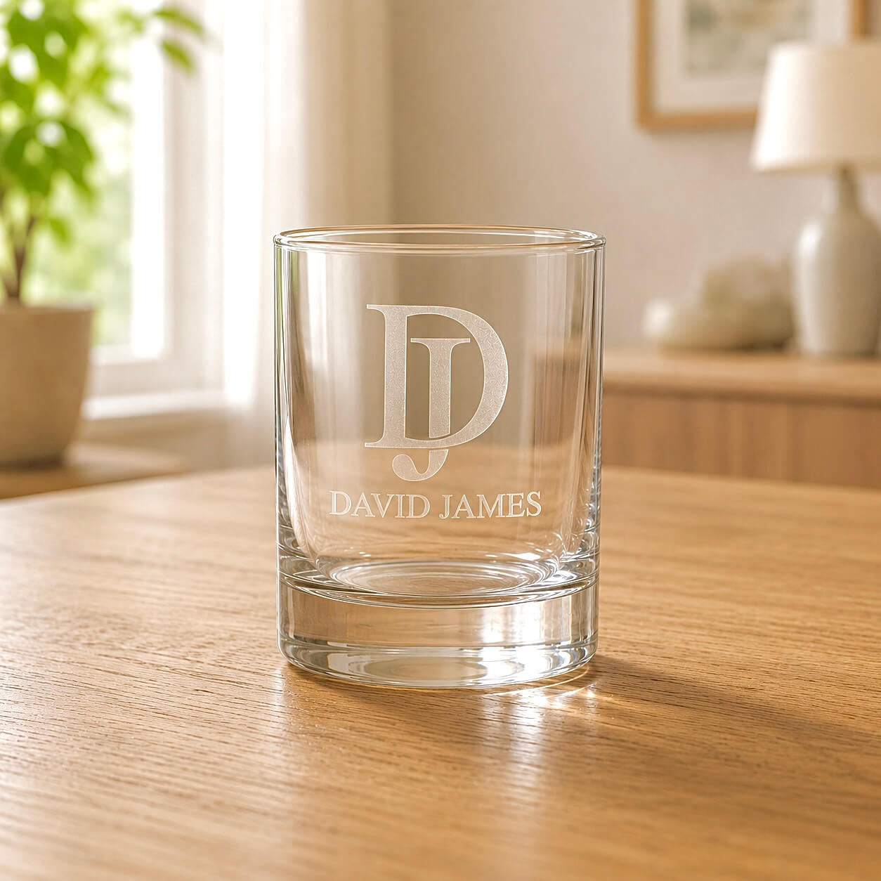 Clear glass tumbler with 'David James' engraving on a wooden table.
