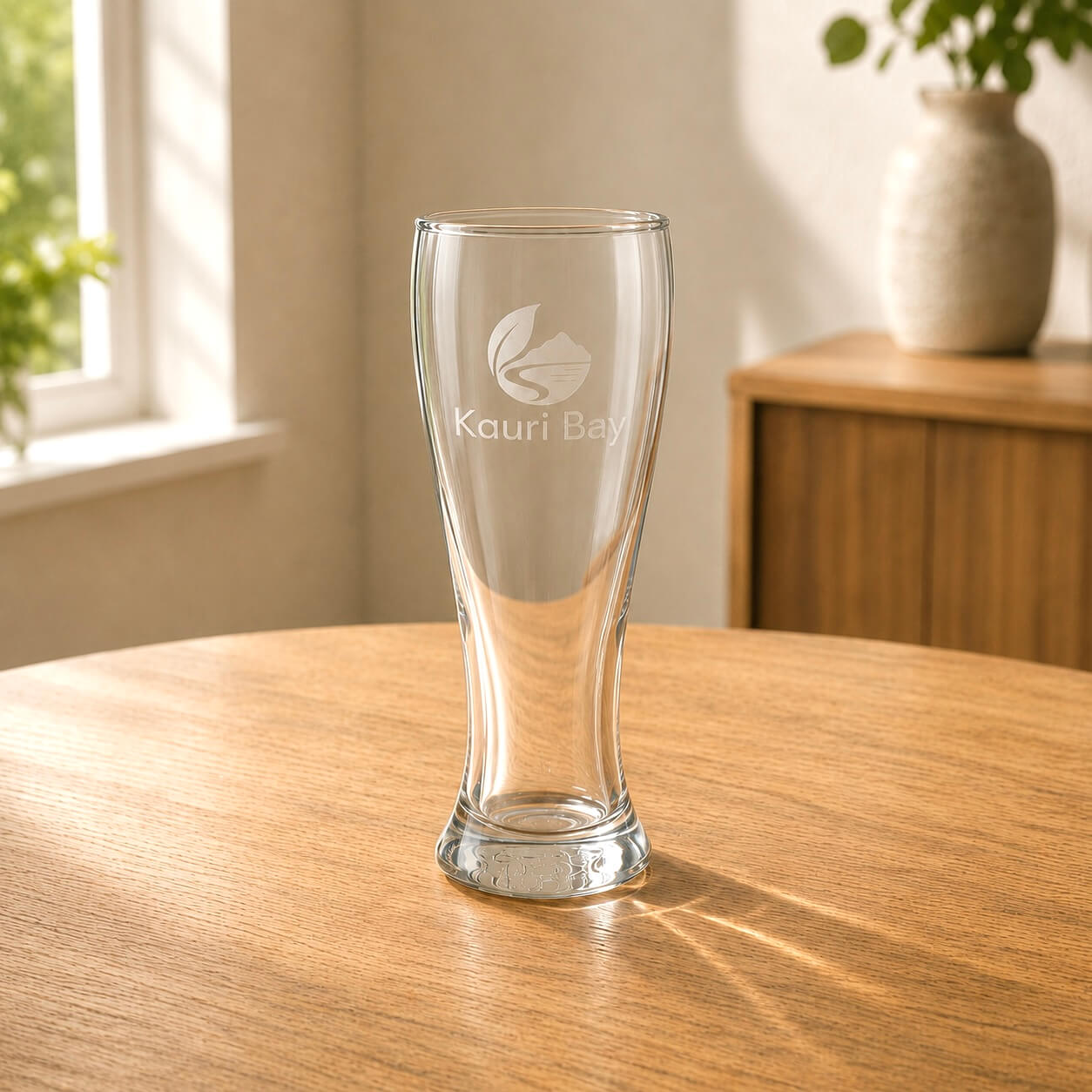 Clear glass with 'Kauri Bay' branding on a wooden table with a blurred background