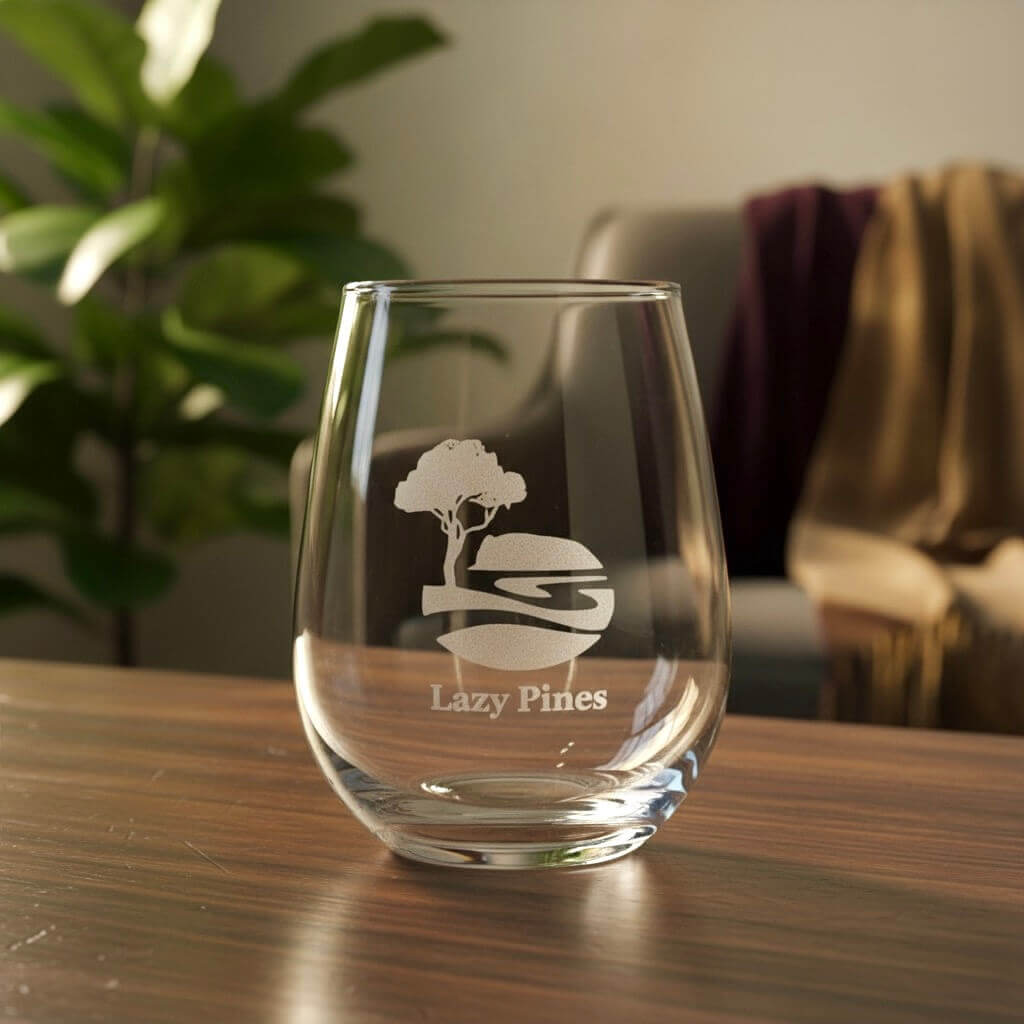 Clear glass with 'Lazy Pines' engraving on a wooden surface with a blurred background