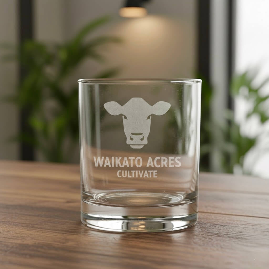 Clear glass with engraved cow design and 'Waikato Acres Cultivate' text on a wooden surface.