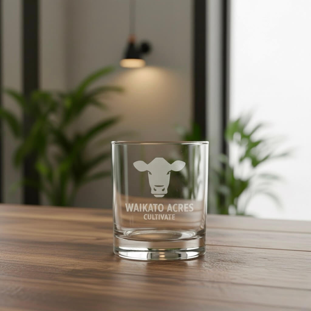 Clear glass with engraved cow logo and text on a wooden surface with a blurred indoor background