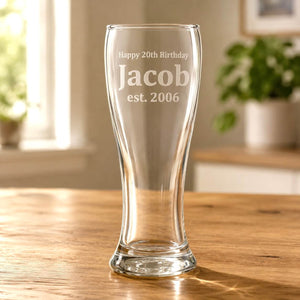 Clear personalised 21st birthday beer glass engraved with Jacob and birth year