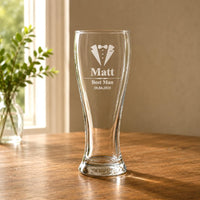 Clear personalised best man beer glass engraved with Matt, Best Man and wedding date