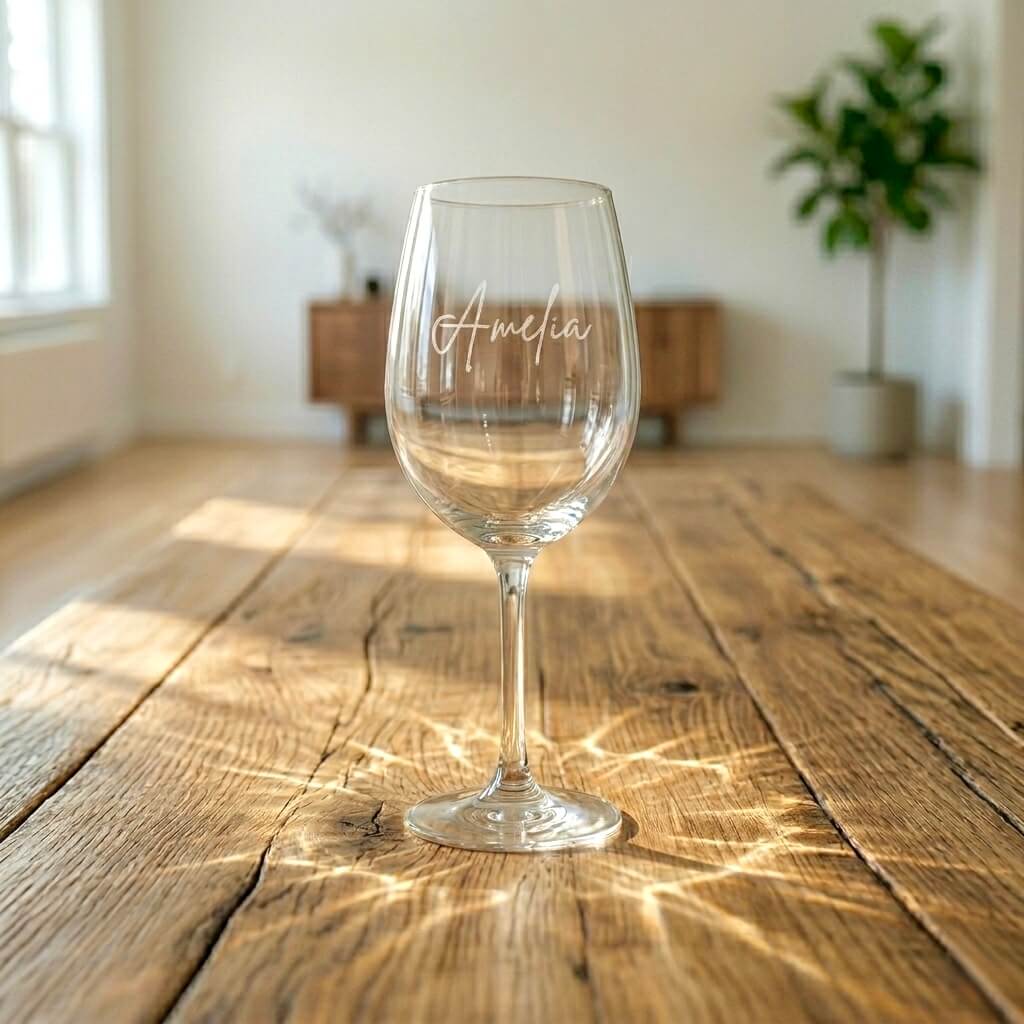 Clear wine glass with 'Amelia' engraving on a wooden floor