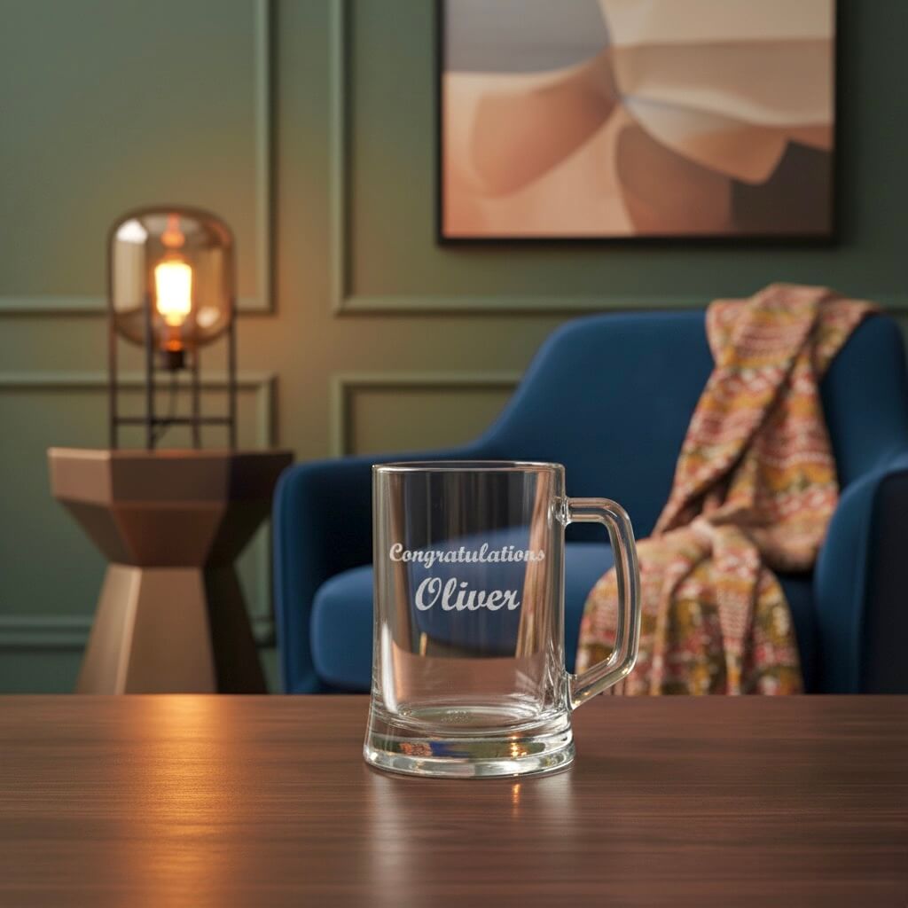 Close-up of clear glass beer handle engraved with “Congratulations Oliver” showing fine laser-engraved detail and reflective finish
