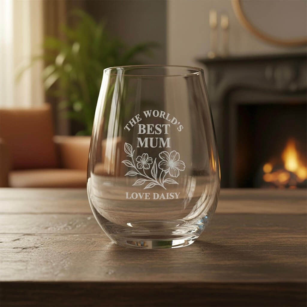 Close-up of custom Mother’s Day wine glass with engraved message “Love Daisy” under floral etching