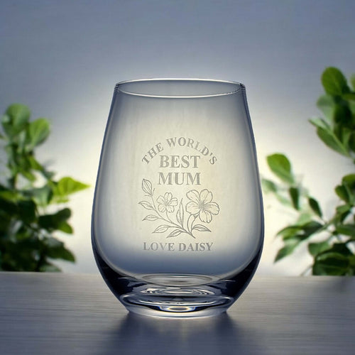 Close-up of custom engraved stemless wine glass for Mum