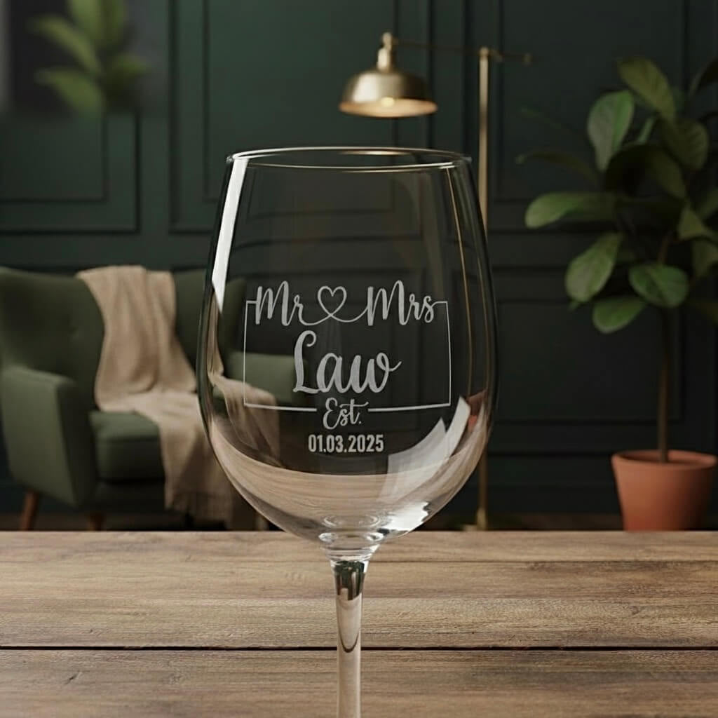 Close-up of custom engraved wine glass reading Mr & Mrs with surname and established date.