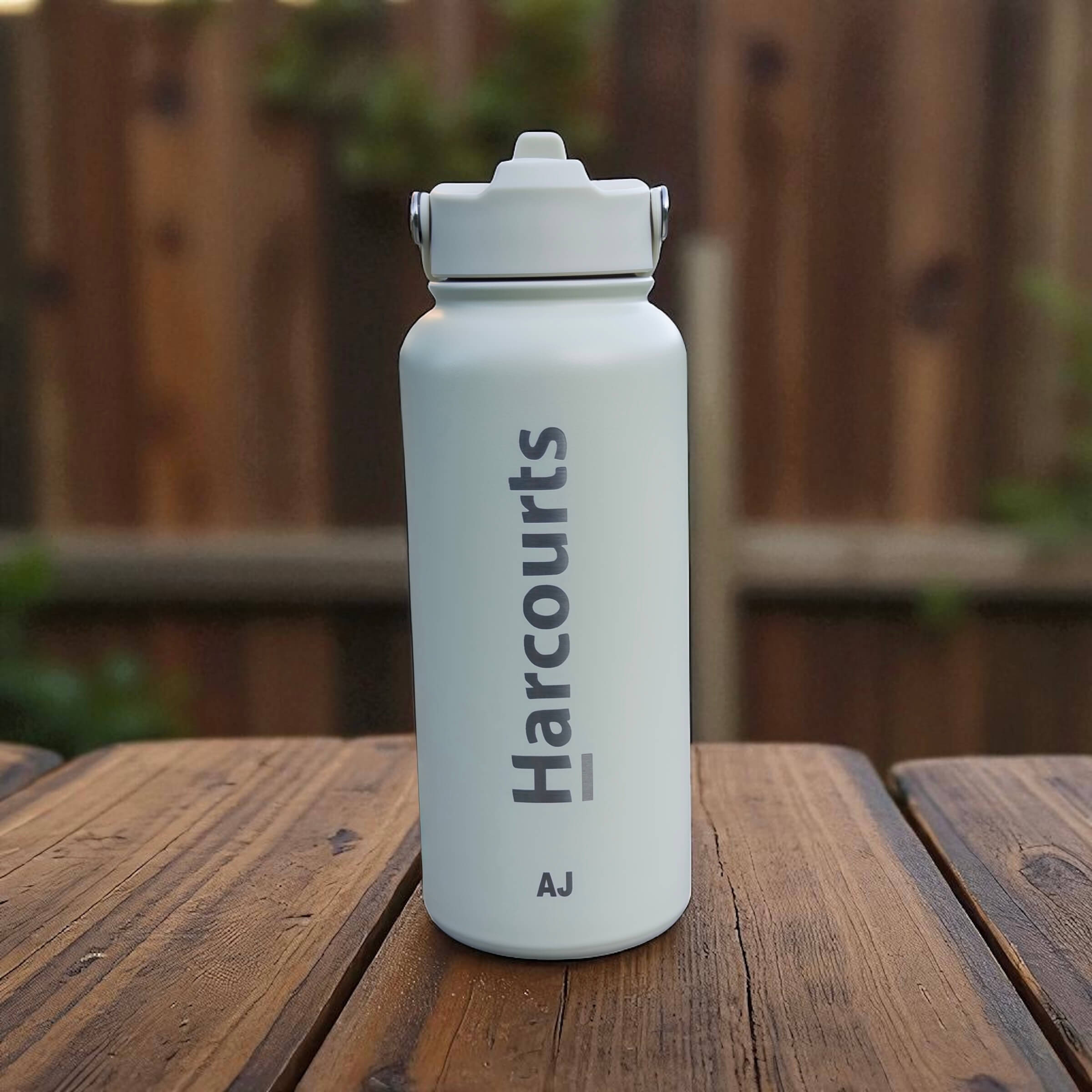 Close-up of engraved logo detail on stainless steel insulated bottle.