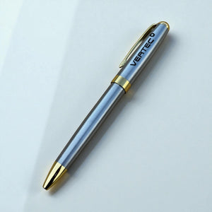 Close-up of engraved metal business pen showing custom logo detail