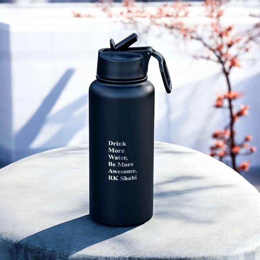 Close-up of engraved text on drink bottle with soft background light