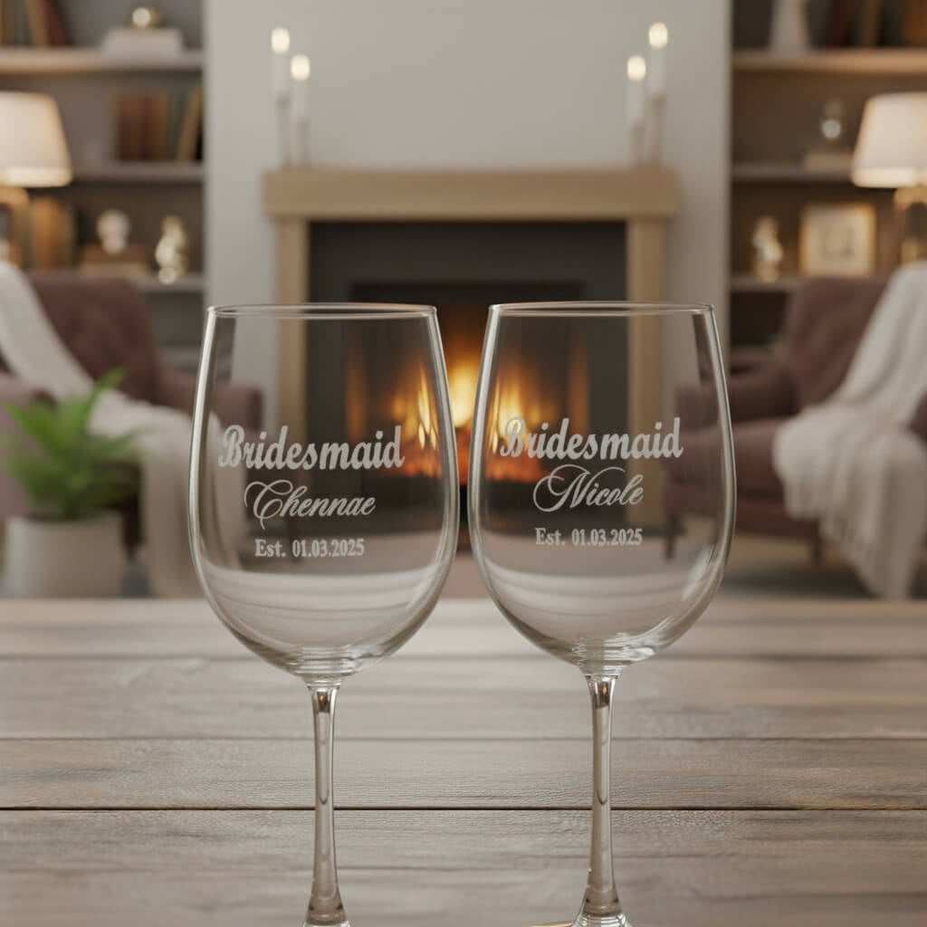Close-up of frosted etching on premium bridal shower wine glasses