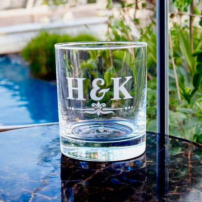 Close-up of frosted etching on premium whiskey glass