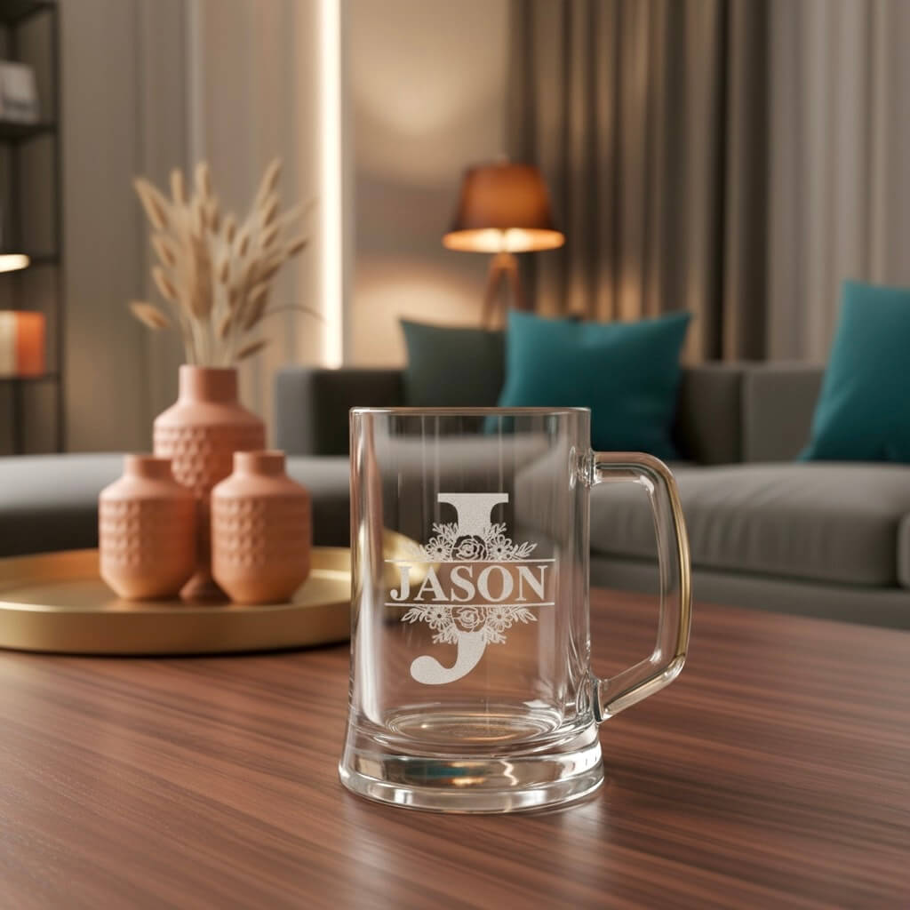 Close-up of laser-engraved J initial and Jason name on clear beer mug showing fine etching detail and elegant floral pattern