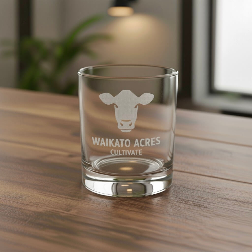 Close-up of laser engraved corporate logo detail on premium glass.