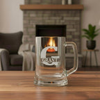 Close-up of personalised beer mug featuring engraved G initial and Grant name, custom glass gift for men