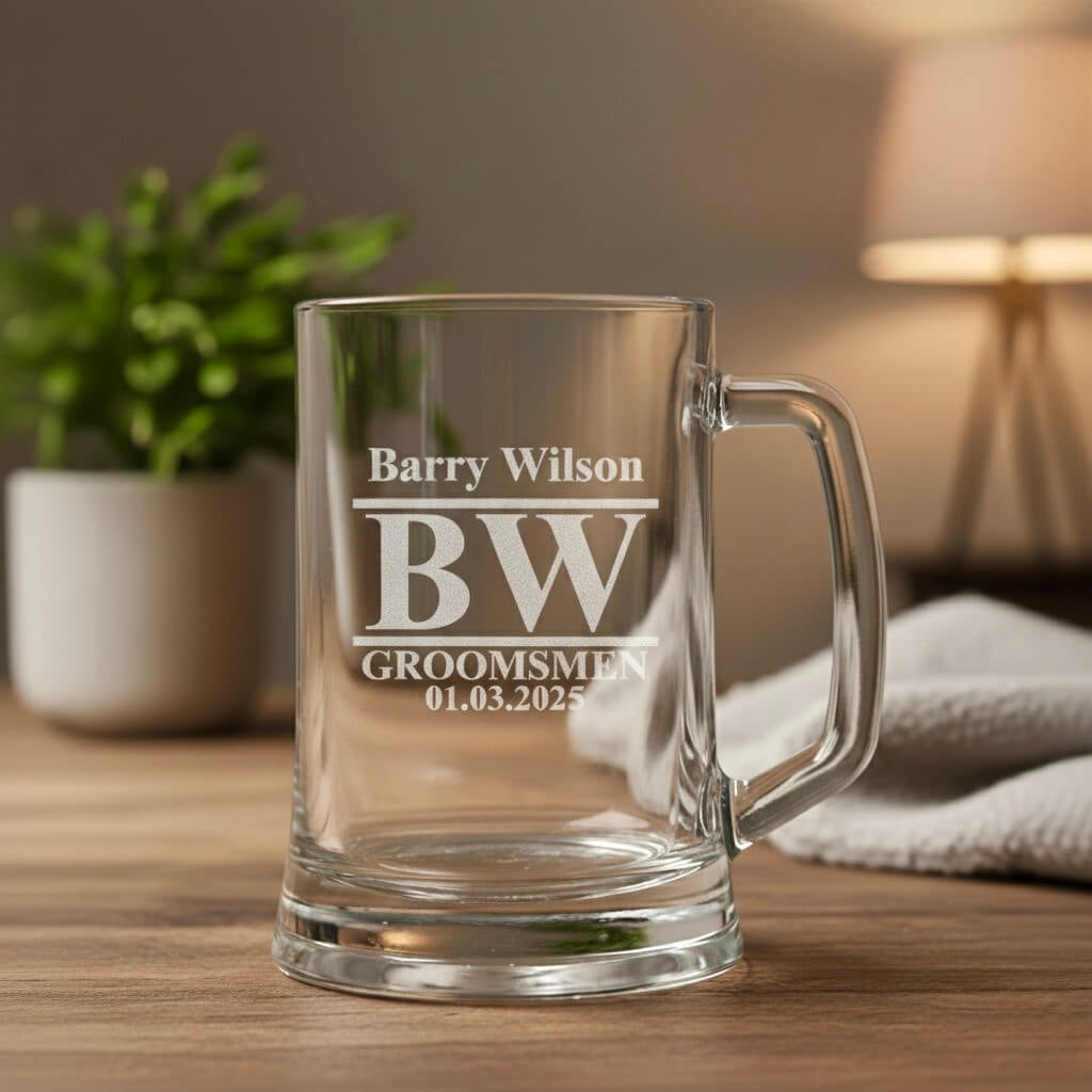 Close-up of personalised groomsmen beer handle with engraved initials BW and wedding date, elegant keepsake gift