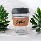 Coffee cup with cork band engraved with name