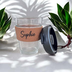 Coffee cup with cork band engraved with name and open lid