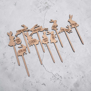 Complete set of Easter egg hunt wooden stake signs, laser engraved bunny shaped trail markers with look up look down clues for kids