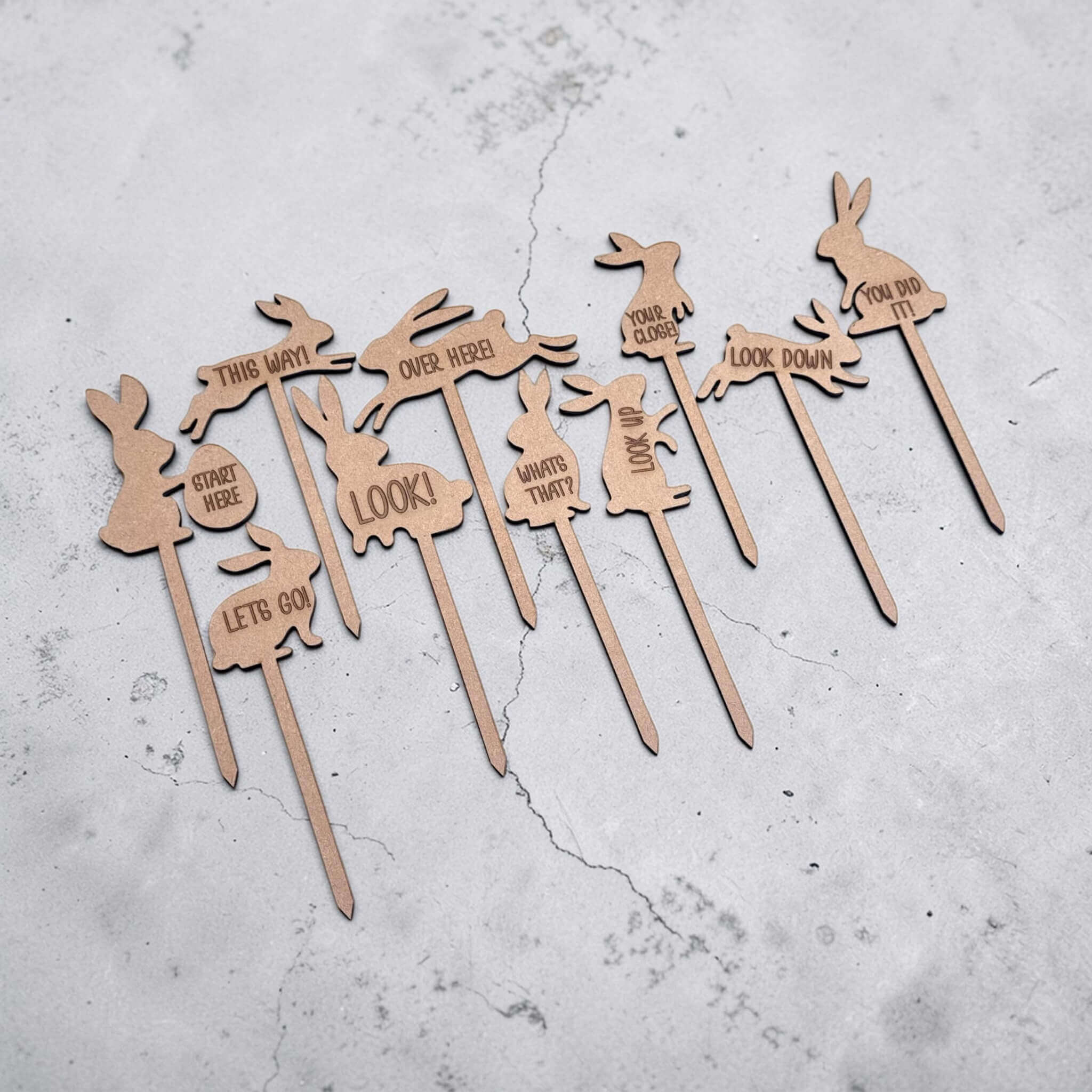 Complete set of Easter egg hunt wooden stake signs, laser engraved bunny shaped trail markers with look up look down clues for kids