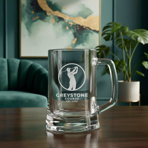 Corporate engraved beer glass with company logo, ideal for staff recognition awards.