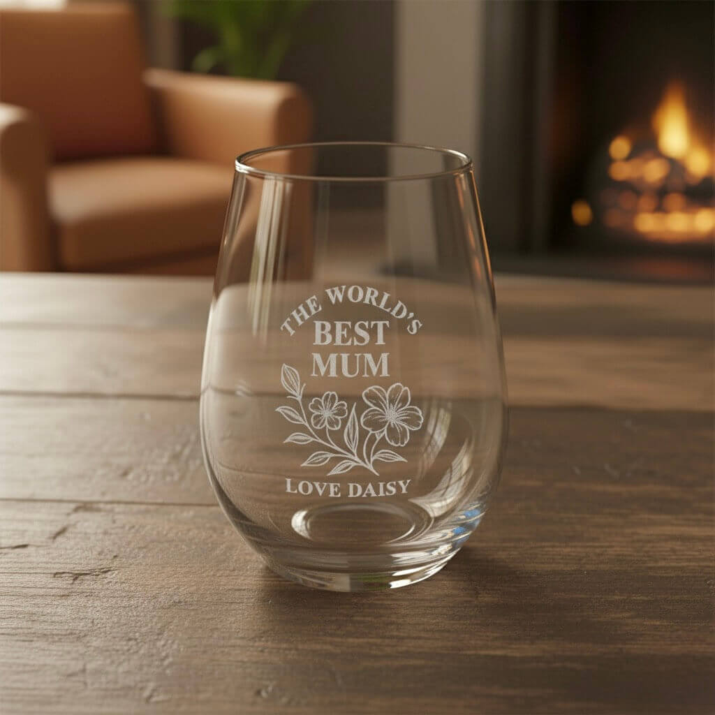 Custom Mother’s Day stemless wine glass featuring floral engraving and personal message
