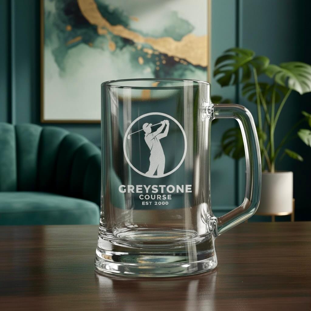 Custom business beer glass gift for employees, branded with logo and text engraving.