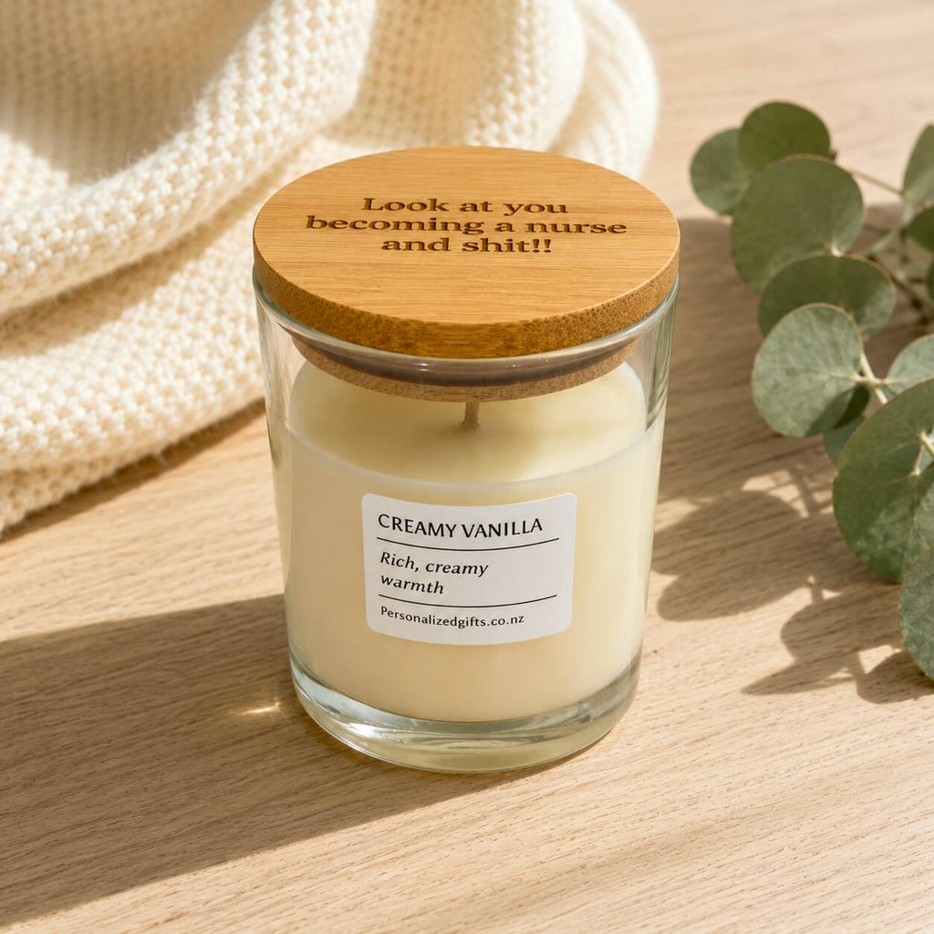 Custom candle gift with engraved bamboo-style lid and personalizedgifts.co.nz front label