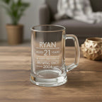 Custom engraved 21st birthday beer handle with Ryan name and brewing since 2004 design, displayed on wooden table