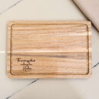 Custom engraved acacia chopping board featuring heartfelt message, personalised kitchen gift for family, mum, or friend who loves cooking.