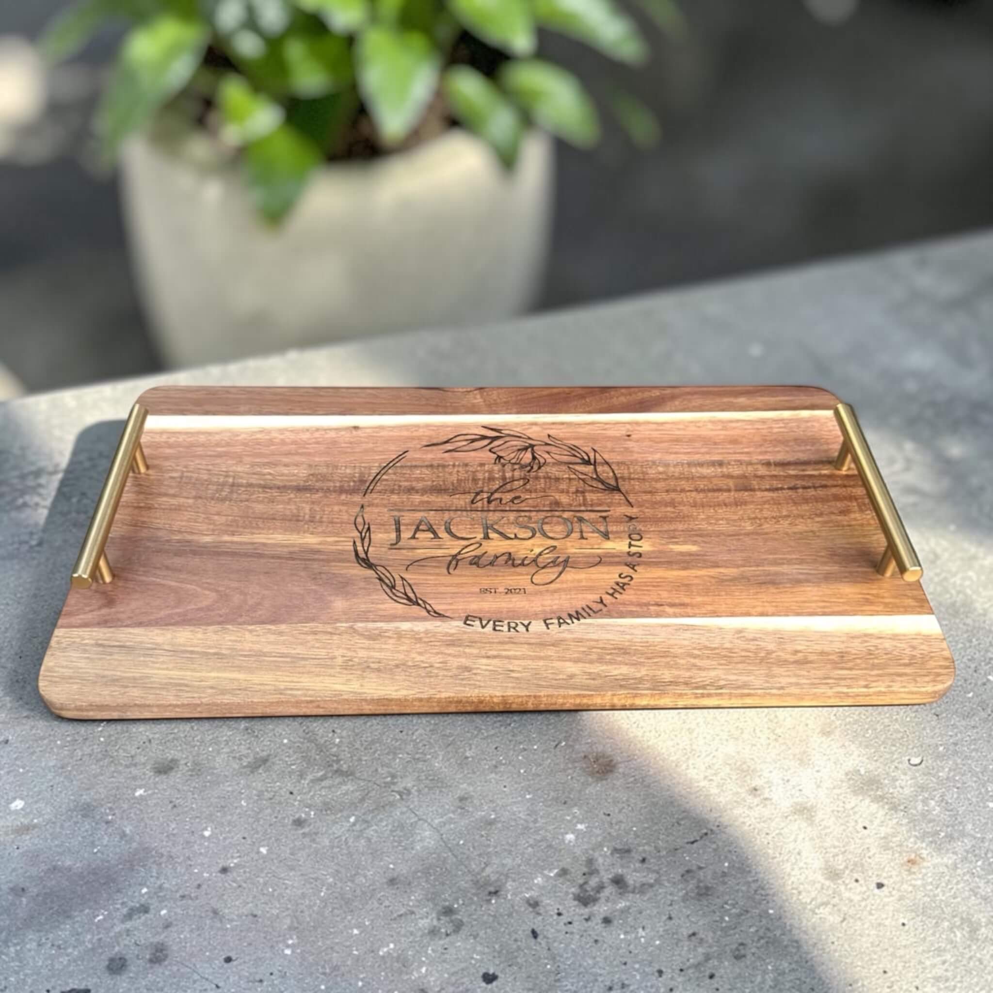 Custom engraved acacia wood serving tray with gold handles personalised with family name and established year, premium personalised gift New Zealand