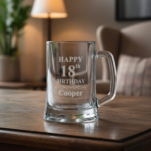 Custom engraved beer glass for 18th birthday, personalised gift with name Cooper etched on glass