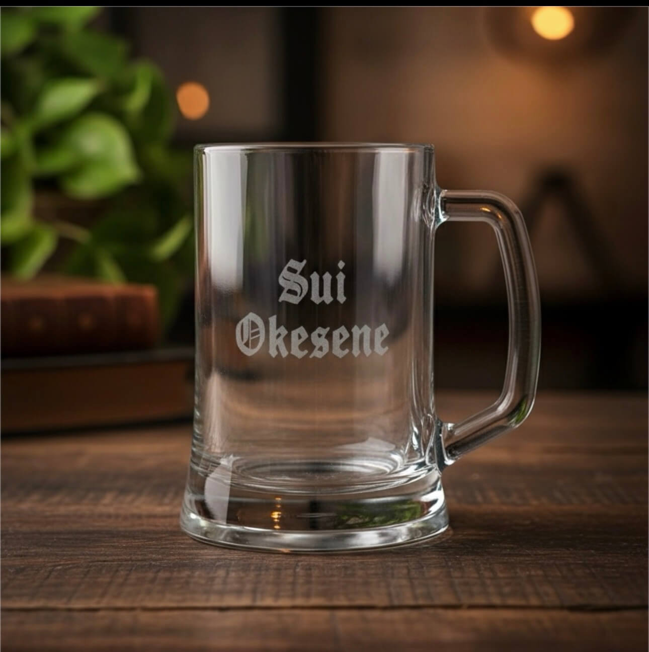 Custom engraved beer glass with name Sui Okesene, personalised tankard gift for dad or him
