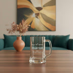 Custom engraved beer mug with Happy 18th Birthday design for Hunter, displayed in modern living room setting