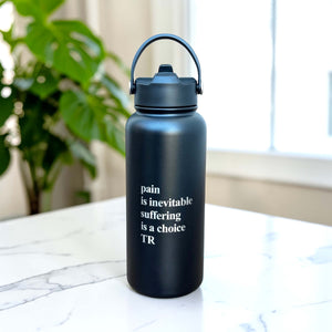 Custom engraved black insulated water bottle with straw lid and carry handle, personalised 1L drink bottle gift